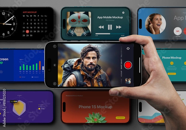 Fototapeta Hand Holding Phone 15 Mockup Horizontal Set
