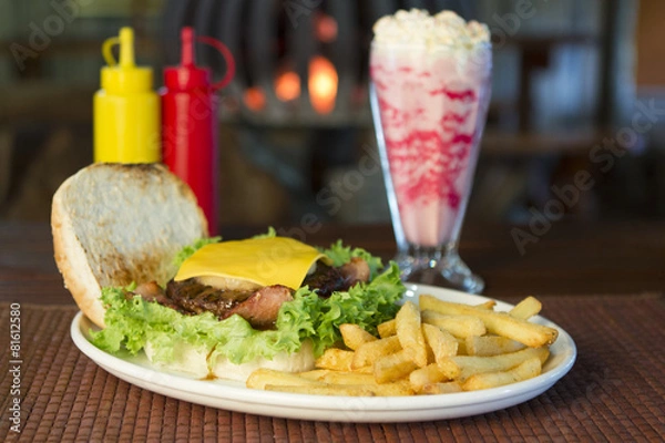 Obraz Burger and chips with a milkshake