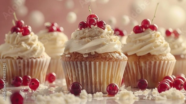 Fototapeta   Cupcake close-up with frosting and cherry on table with more cupcakes