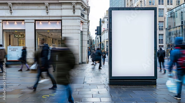 Obraz front view of blank white poster on street in london, people walking by, motion blur, daylight, photorealistic, high resolution photography