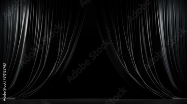 Fototapeta A classic theater stage with a completely closed black curtain, elegant and awaiting a grand opening or event