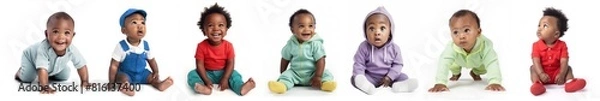 Fototapeta Group of black baby boy portraits with different poses, expressions, and outfits, each isolated on a white background. 