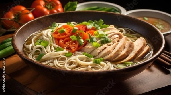 Fototapeta A bright and appetizing bowl of chicken noodle soup with vibrant vegetables and a hint of spices, perfect for a healthy meal