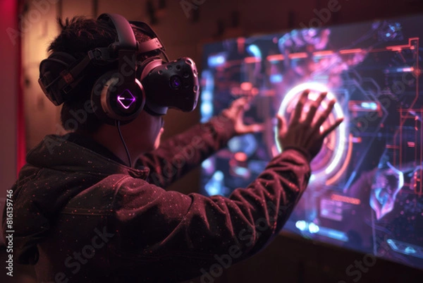 Fototapeta A man wearing a virtual reality headset is touching a screen
