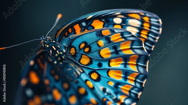 Fototapeta Close-up of butterfly wings with blue and orange colors on the wings and black background
