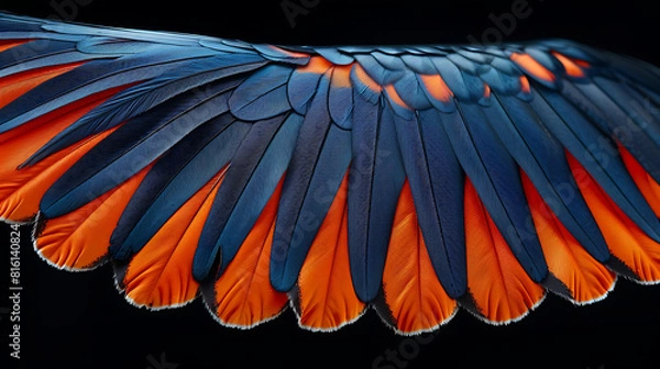 Fototapeta Close-up of butterfly wings with blue and orange colors on the wings and black background