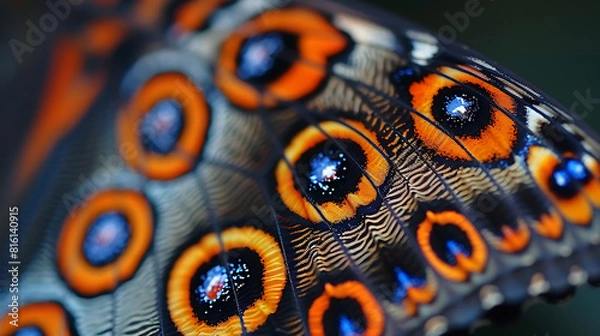 Fototapeta Close-up of butterfly wings with blue and orange colors on the wings and black background