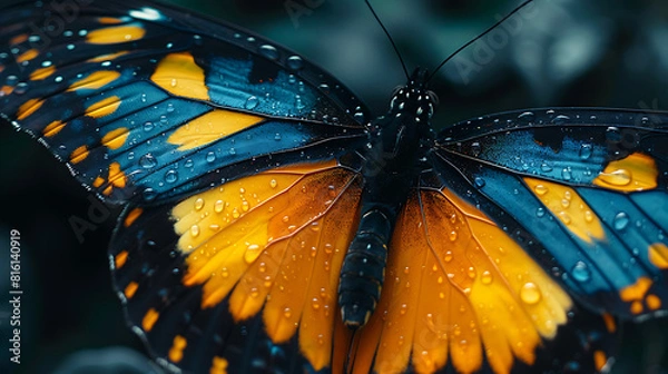 Fototapeta Close-up of butterfly wings with blue and orange colors on the wings and black background