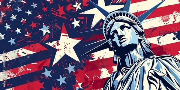 Fototapeta The Statue of Liberty an American flag background. Greetings card design with copy space