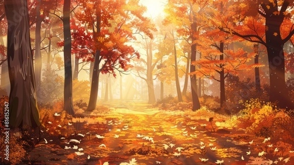 Fototapeta Beautiful autumn forest landscape. Stunning landscape of mixed forest in autumn season. Vector illustration. hyper realistic 