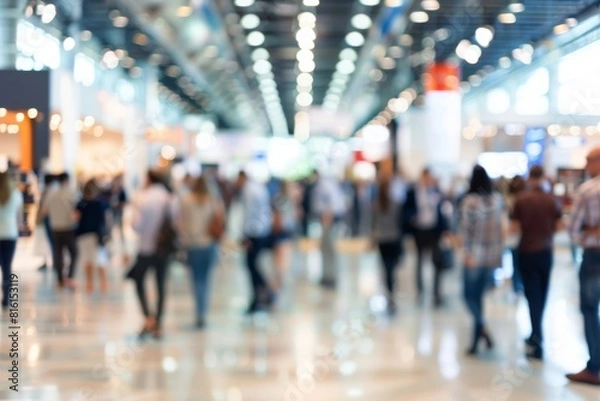 Fototapeta Busy convention center with engaged visitors corporate event business convention blurry backdrop for text display