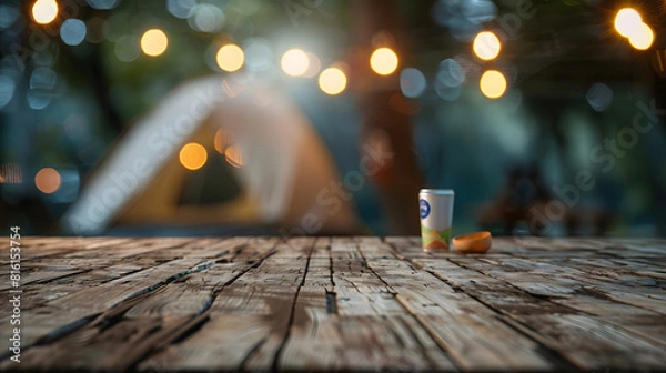 Obraz Wooden table top on blur tent camping travel tent at nightDrink and party conceptFor montage product display or design key visual layoutView of copy space : Generative AI