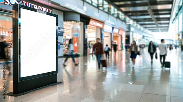 Obraz Photo of a blank billboard at an airport, in the style of a mockup, with a blurry background showing people walking around and inside a shopping mall interior
