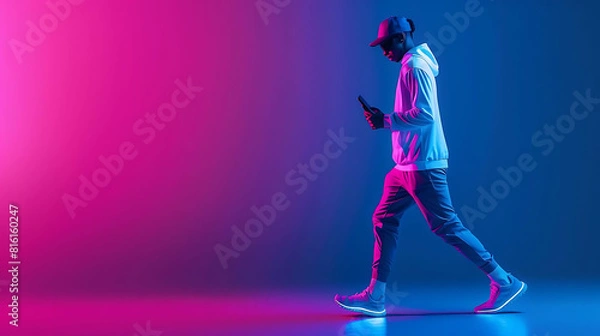 Obraz Young stylish man walking in neon light using smartphone.