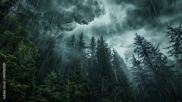 Fototapeta A dramatic forest landscape with dark clouds overhead and rain pouring down on ancient, towering trees.