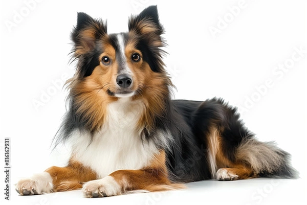 Fototapeta Portrait of a Sitting Shetland Sheepdog on White