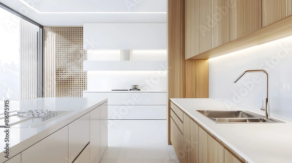 Fototapeta Modern Contemporary kitchen room interior white and wood material real new interior design : Generative AI