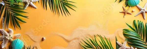 Fototapeta Palm leaves and a starfish are arranged on a vibrant orange background, creating a tropical and beachy scene. Generative AI