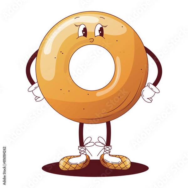 Fototapeta Cheerful vintage style bagel for bakery design. Donut in a modern style with hands and legs. Groovy style bakery illustration for a bakery.