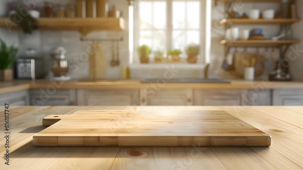 Fototapeta Selective focusEnd grain wood counter top with cutting board on blur kitchen in morning window backgroundFor montage product display or design key visual : Generative AI