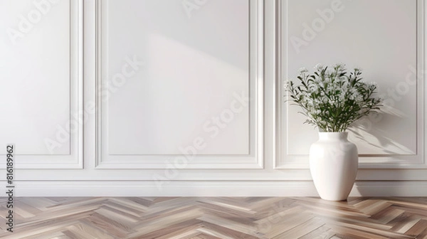 Fototapeta White classic wall background brown parquet floor home furniture detail frame and vase of plant : Generative AI