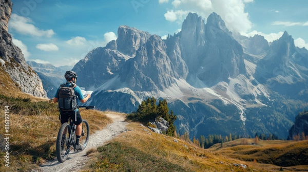 Fototapeta A biker stopping to check a map at a trail fork, the mountains in the distance framing the decision point. Dynamic and dramatic composition, with copy space