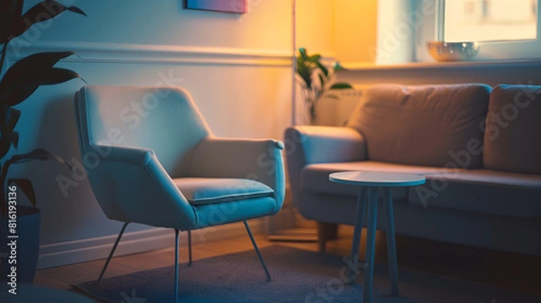 Fototapeta Empty chair and sofa iin front of small table in office of psychologist : Generative AI