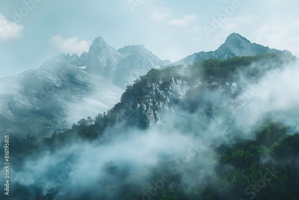 Fototapeta Majestic mountains shrouded in swirling fog, creating an enchanting and mysterious atmosphere