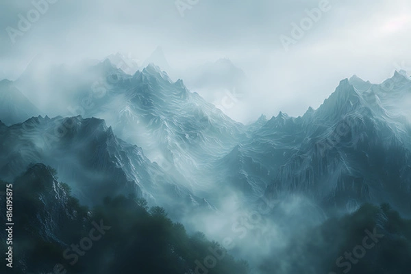 Fototapeta Majestic mountains shrouded in swirling fog, creating an enchanting and mysterious atmosphere