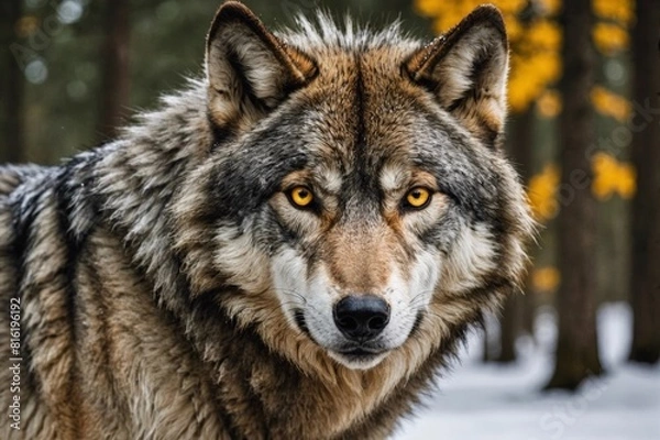 Fototapeta Timber wolf portrait. A close-up photo of a menacing wolf with a yellow eyes