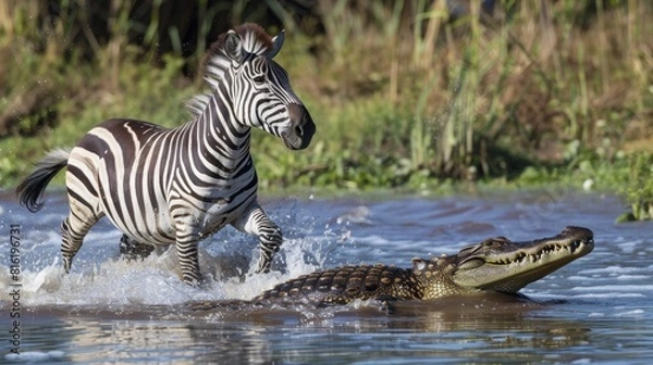 Fototapeta Zebra chasing a crocodile in a body of water