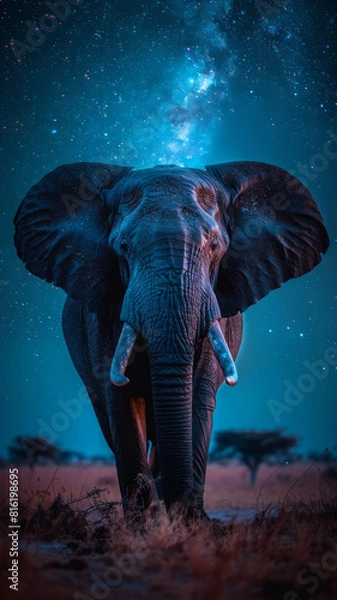 Fototapeta African Serenity: Solitary elephant beneath starry sky, celestial glow, harmonious blues, tranquil ,generative ai