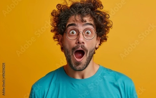 Fototapeta A man wearing glasses is displaying a surprised facial expression, with his eyes wide open and mouth slightly agape