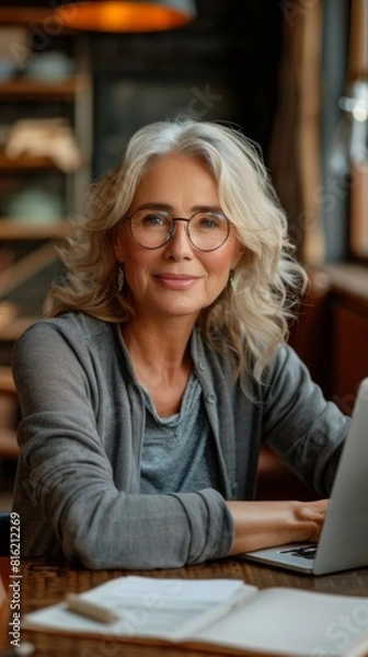 Fototapeta A woman in glasses is sitting at a desk with a laptop and a cup of coffee. She is focused on her work, possibly typing or browsing the internet. Concept of productivity and concentration