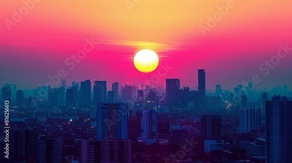 Fototapeta Cityscape with big sun and sunset on center between building at evening