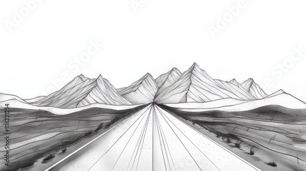 Fototapeta Simple line art of a long road leading to distant mountains.
