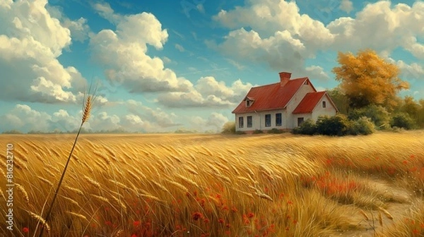 Fototapeta A charming countryside scene with quaint cottages dotting the landscape, surrounded by fields of golden wheat swaying in the breeze