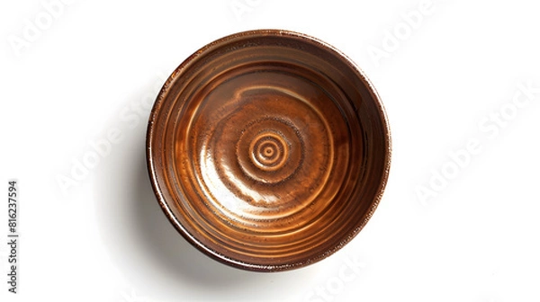 Fototapeta Empty plate top isolated on white background Round brown rustic dish ceramic plates with wave pattern top view : Generative AI