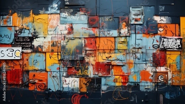 Obraz Vibrant photo of a graffiti wall covered in colorful and whimsical murals. The bright colors and playful designs create a cheerful and inviting atmosphere.