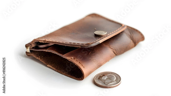 Fototapeta old leather empty wallet with a few coins isolate on white background concept of financial assets reliability deposits insurance savings : Generative AI