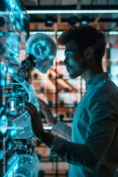 Fototapeta Person interacts with high tech humanoid robot featuring digital face and touch interface in modern lab.