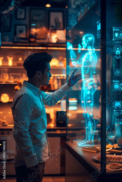 Fototapeta Individual engages with smart home system with holographic human figure in modern neon lit setting.