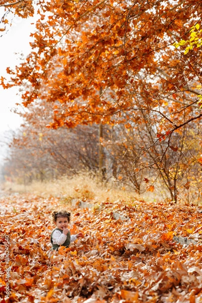 Fototapeta Child's joy in autumn playing among colorful leaves on a serene fall day