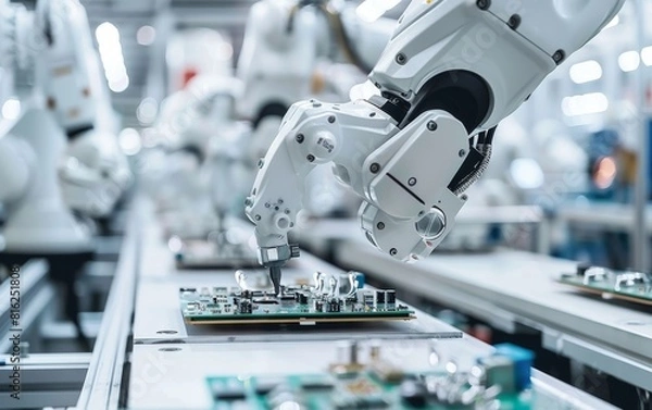 Fototapeta Photo of high-tech industrial robot arms in a production line at a factory, working on an electronic board for the software development industry.
