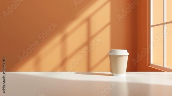 Obraz Craft paper coffee cup on table, pastel tones orange wall, shadow from window on sunny day