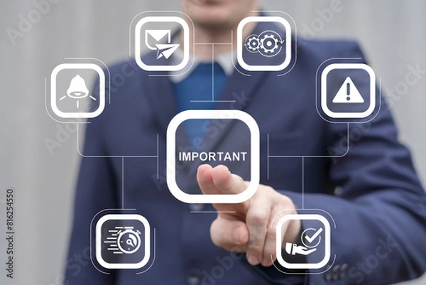 Fototapeta Business man working on virtual touch screen presses word: IMPORTANT. Important announcement, attention or warning information, breaking news or urgent message communication, alert and beware concept.