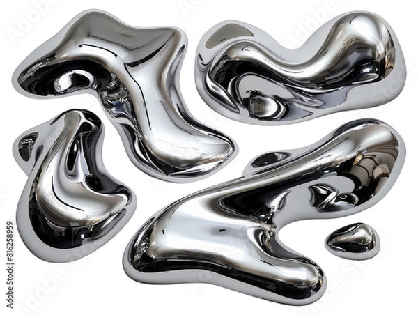 Fototapeta Y2K Melty chrome shapes isolated. Spilled liquid metal drops. Futuristic metallic puddles
