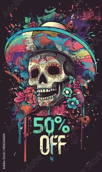 Fototapeta This image features a vibrant, Day of the Dead-inspired skull with a decorative sombrero set against a dark background, highlighted by a "50 OFF" sale text