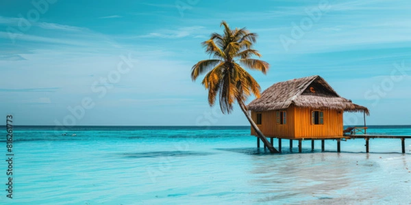 Fototapeta Bungalow in the middle of clear blue water at a tropical resort, an exotic vacation. 