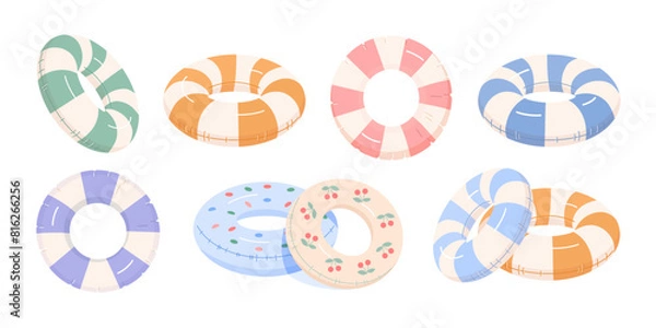Obraz Set of inflatable swimming rings for swimming in pool or sea. Vector illustration in monochrome colors with pattern of stripes, polka dots, cherries on white isolated background. Side view, top view.